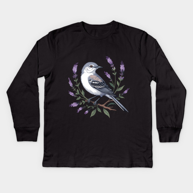 Northern Mockingbird Among Lavender Wildflowers Kids Long Sleeve T-Shirt by BirdsnStuff