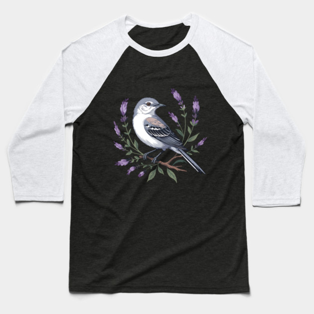 Northern Mockingbird Among Lavender Wildflowers Baseball T-Shirt by BirdsnStuff