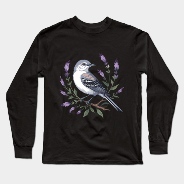 Northern Mockingbird Among Lavender Wildflowers Long Sleeve T-Shirt by BirdsnStuff