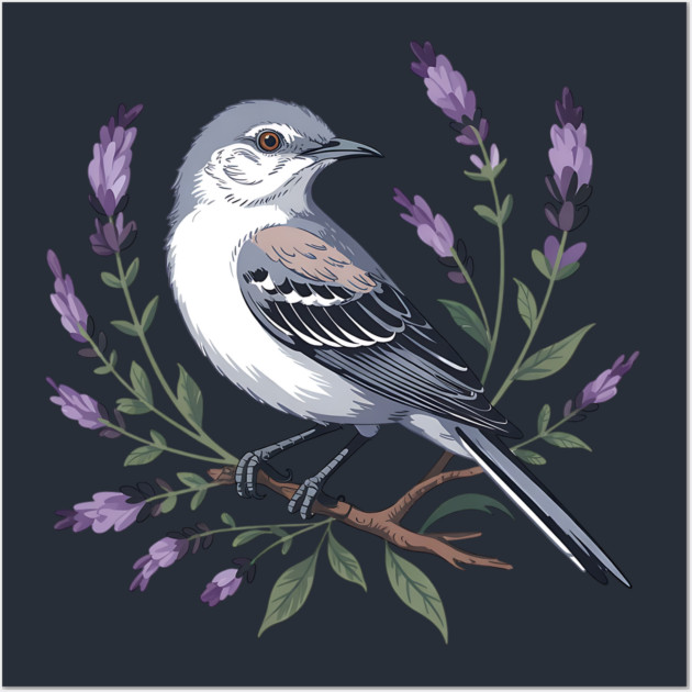 Northern Mockingbird Among Lavender Wildflowers Wall Art by BirdsnStuff
