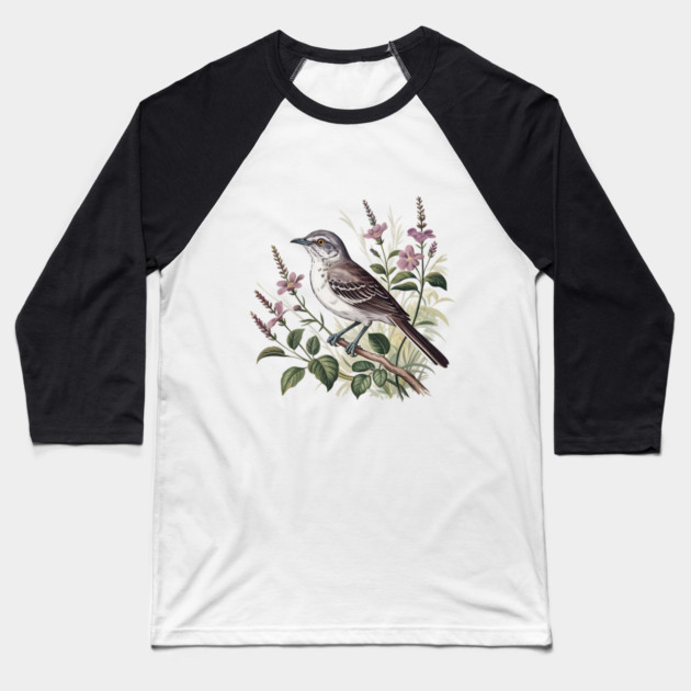 Northern Mockingbird Among Pink Blooms Baseball T-Shirt by BirdsnStuff