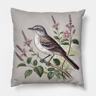 Northern Mockingbird Among Pink Blooms Pillow