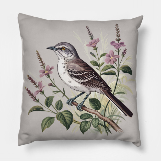 Northern Mockingbird Among Pink Blooms Pillow by BirdsnStuff