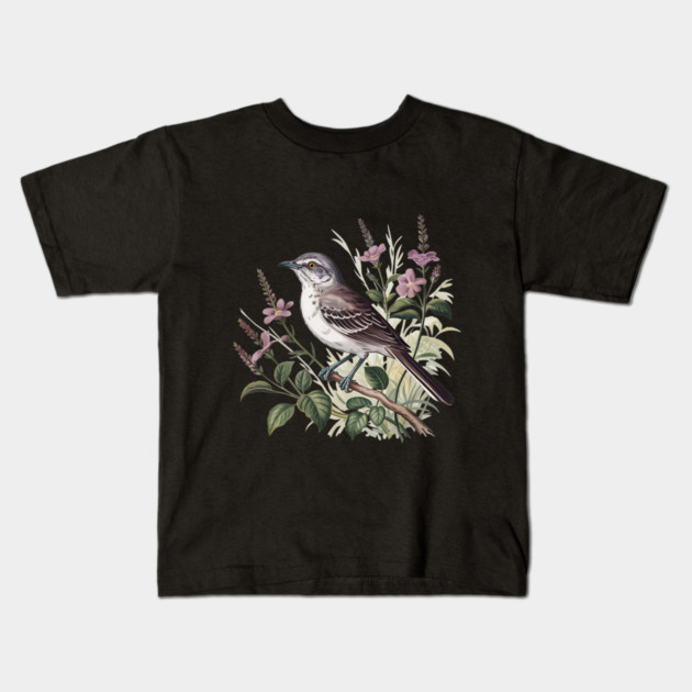 Northern Mockingbird Among Pink Blooms Kids T-Shirt by BirdsnStuff