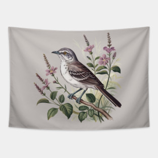 Northern Mockingbird Among Pink Blooms Tapestry
