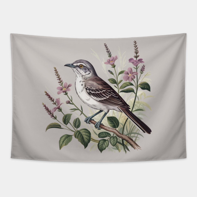 Northern Mockingbird Among Pink Blooms Tapestry by BirdsnStuff
