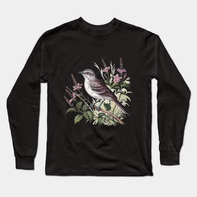 Northern Mockingbird Among Pink Blooms Long Sleeve T-Shirt by BirdsnStuff