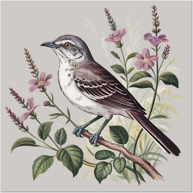 Northern Mockingbird Among Pink Blooms Wall Art by BirdsnStuff
