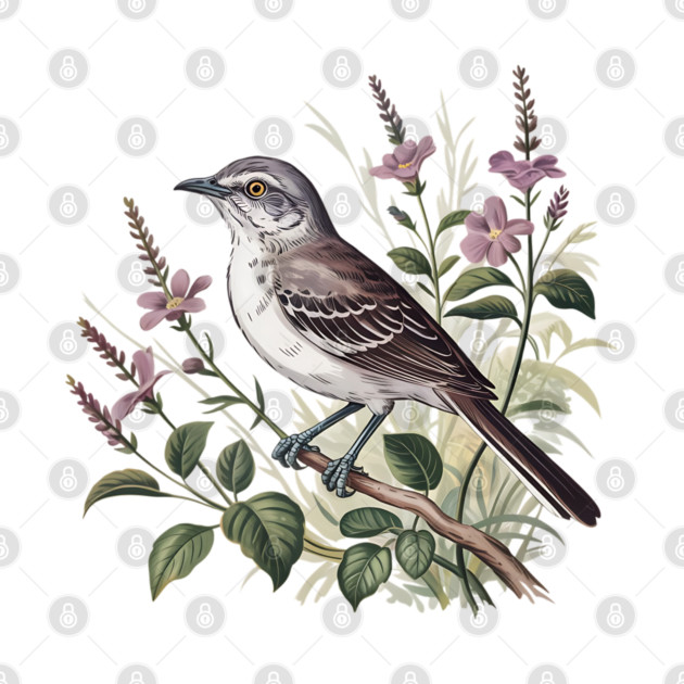 Northern Mockingbird Among Pink Blooms by BirdsnStuff