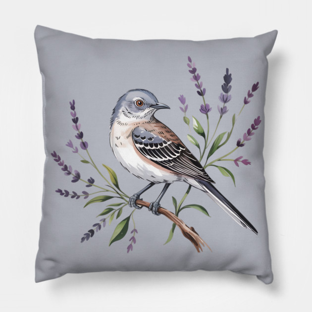 Northern Mockingbird Among Wildflowers Pillow by BirdsnStuff