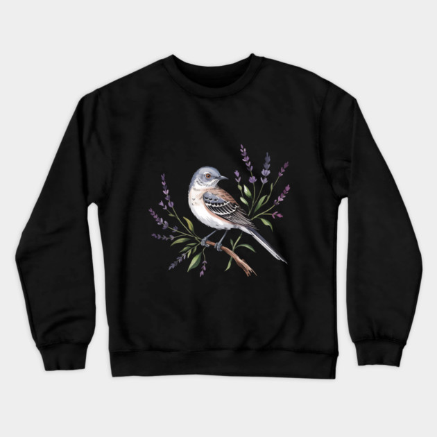 Northern Mockingbird Among Wildflowers Crewneck Sweatshirt by BirdsnStuff
