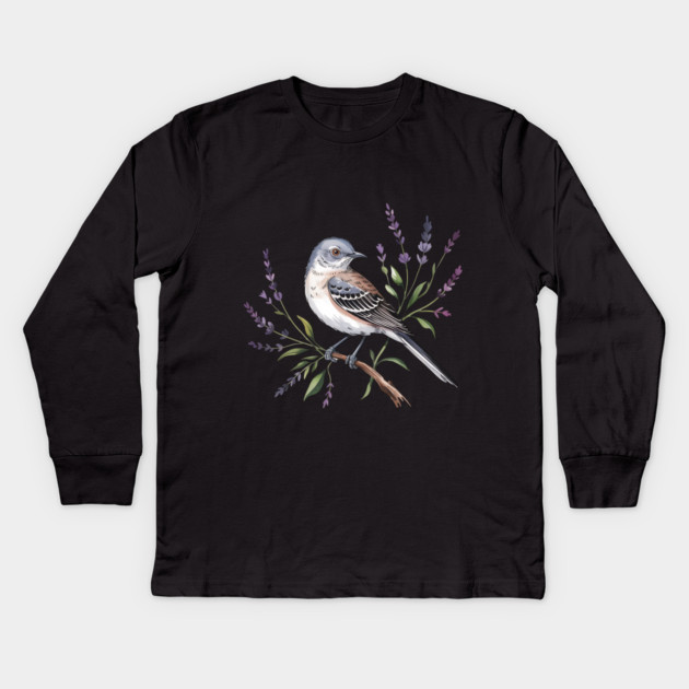Northern Mockingbird Among Wildflowers Kids Long Sleeve T-Shirt by BirdsnStuff