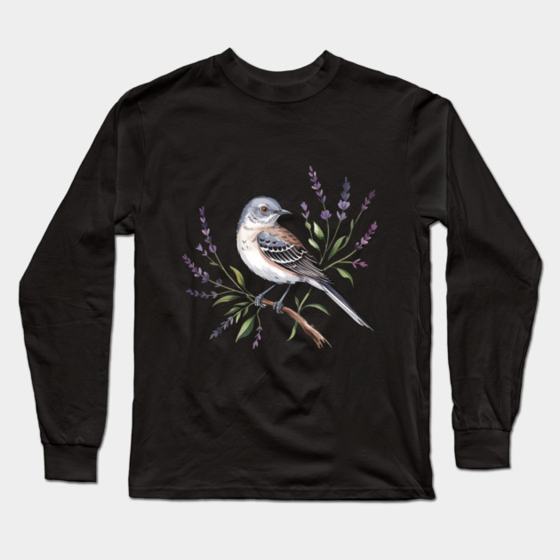 Northern Mockingbird Among Wildflowers Long Sleeve T-Shirt by BirdsnStuff