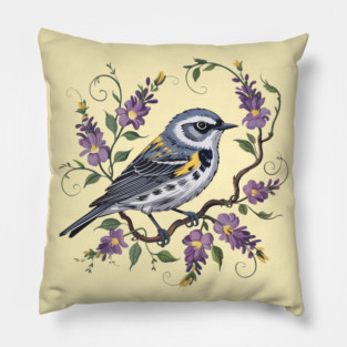Yellow-Rumped Warbler Surrounded by Lavender Blooms Pillow