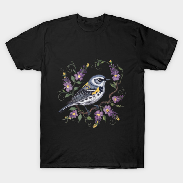 Yellow-Rumped Warbler Surrounded by Lavender Blooms T-Shirt by BirdsnStuff