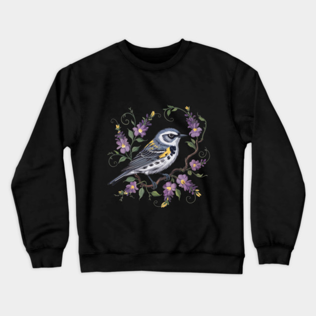 Yellow-Rumped Warbler Surrounded by Lavender Blooms Crewneck Sweatshirt by BirdsnStuff