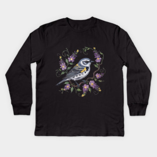 Yellow-Rumped Warbler Surrounded by Lavender Blooms Kids Long Sleeve T-Shirt