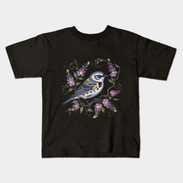 Yellow-Rumped Warbler Surrounded by Lavender Blooms Kids T-Shirt by BirdsnStuff