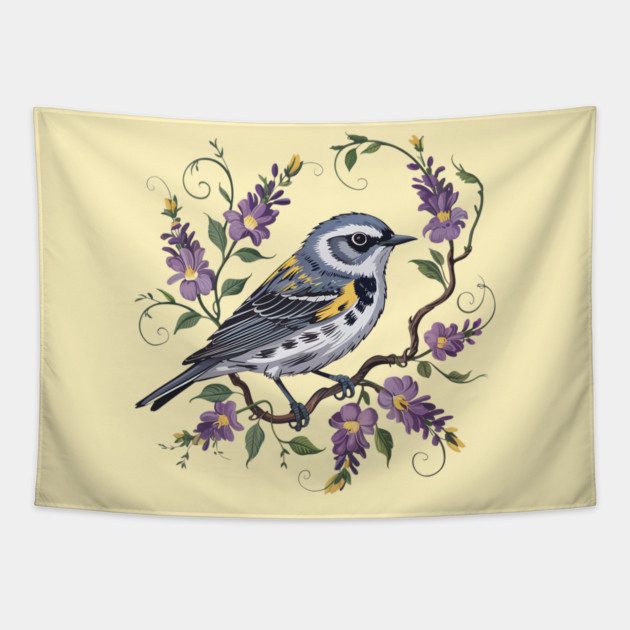 Yellow-Rumped Warbler Surrounded by Lavender Blooms Tapestry by BirdsnStuff