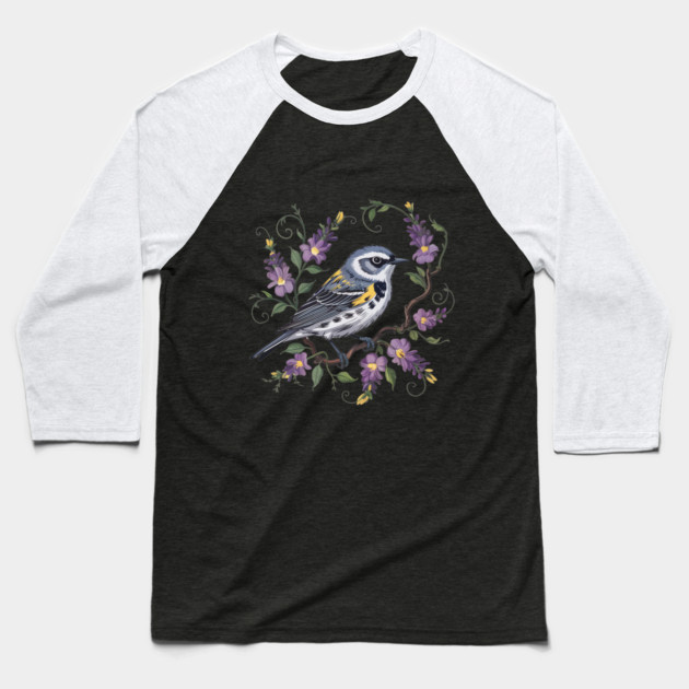 Yellow-Rumped Warbler Surrounded by Lavender Blooms Baseball T-Shirt by BirdsnStuff