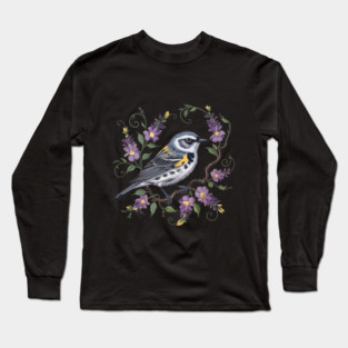 Yellow-Rumped Warbler Surrounded by Lavender Blooms Long Sleeve T-Shirt