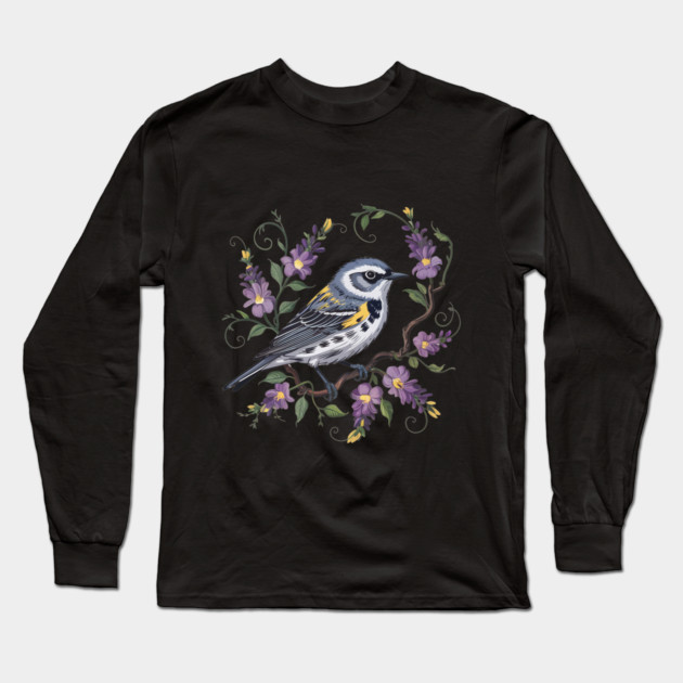 Yellow-Rumped Warbler Surrounded by Lavender Blooms Long Sleeve T-Shirt by BirdsnStuff