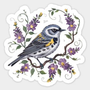 Yellow-Rumped Warbler Surrounded by Lavender Blooms Sticker
