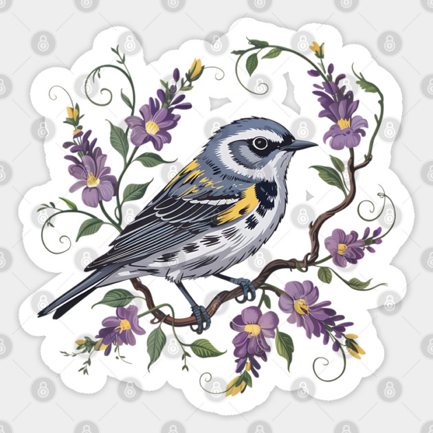 Yellow-Rumped Warbler Surrounded by Lavender Blooms Sticker by BirdsnStuff