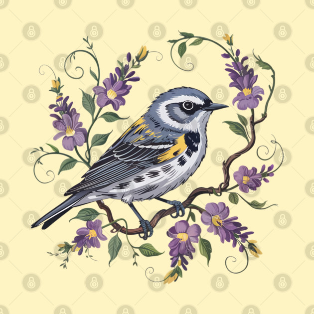 Yellow-Rumped Warbler Surrounded by Lavender Blooms by BirdsnStuff