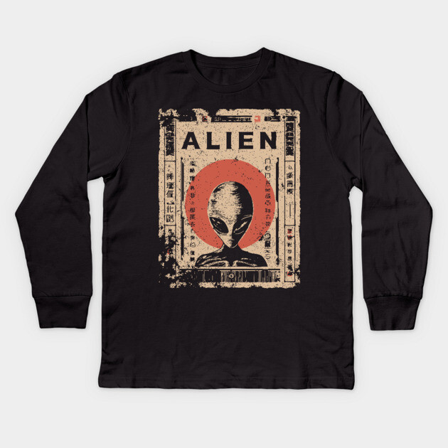Vintage Alien Encounter Ukiyo-e Print Kids Long Sleeve T-Shirt by TuncGK