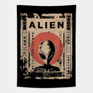 Vintage Alien Encounter Ukiyo-e Print Tapestry