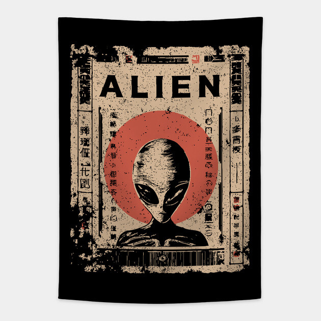 Vintage Alien Encounter Ukiyo-e Print Tapestry by TuncGK