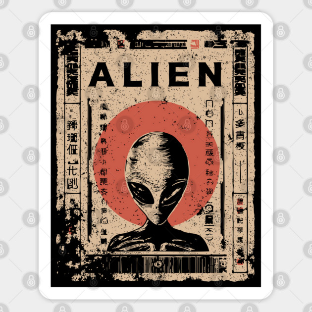 Vintage Alien Encounter Ukiyo-e Print Sticker by TuncGK