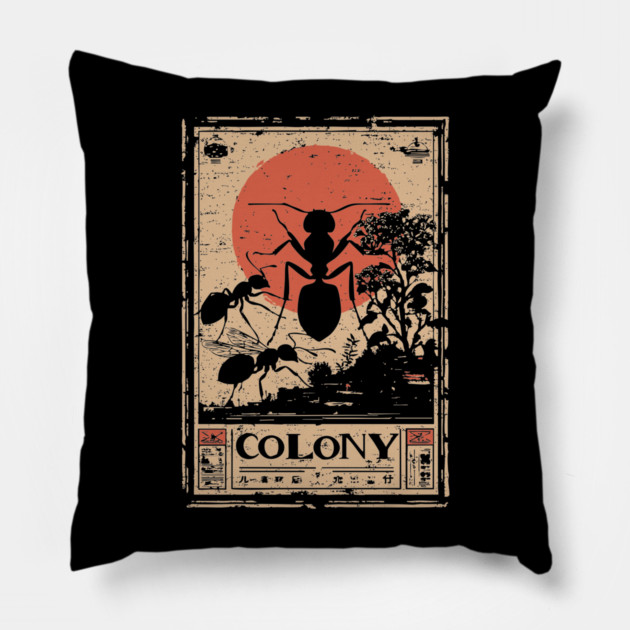 Ant Colony Japanese Vintage Poster Pillow by TuncGK