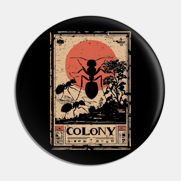 Ant Colony Japanese Vintage Poster Pin by TuncGK