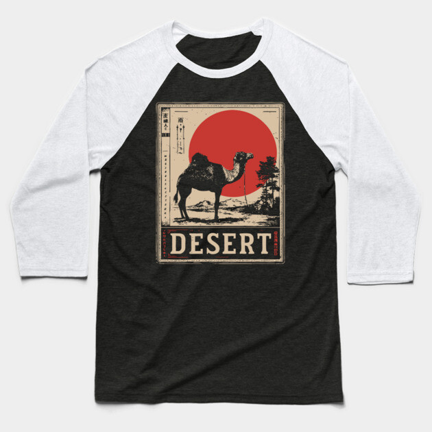 Camel in Desert Japanese Poster Baseball T-Shirt by TuncGK