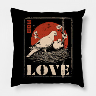 Love Doves Ukiyo-e Vintage Print Pillow