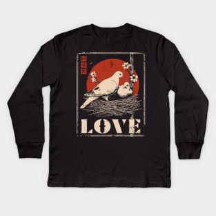 Love Doves Ukiyo-e Vintage Print Kids Long Sleeve T-Shirt