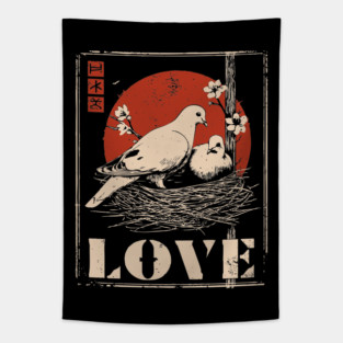 Love Doves Ukiyo-e Vintage Print Tapestry