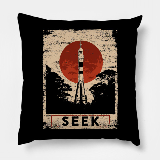 Rocket Seek Vintage Space Poster Pillow by TuncGK