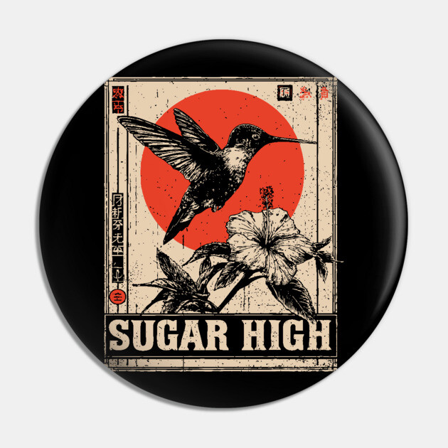 Sugar High Bird and Flower Art Print Pin by TuncGK
