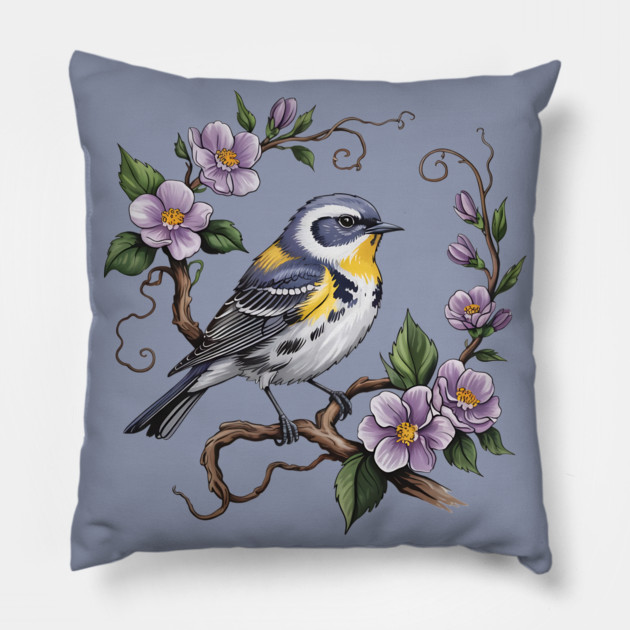 Yellow-Rumped Warbler Among Lilac Blossoms Pillow by BirdsnStuff