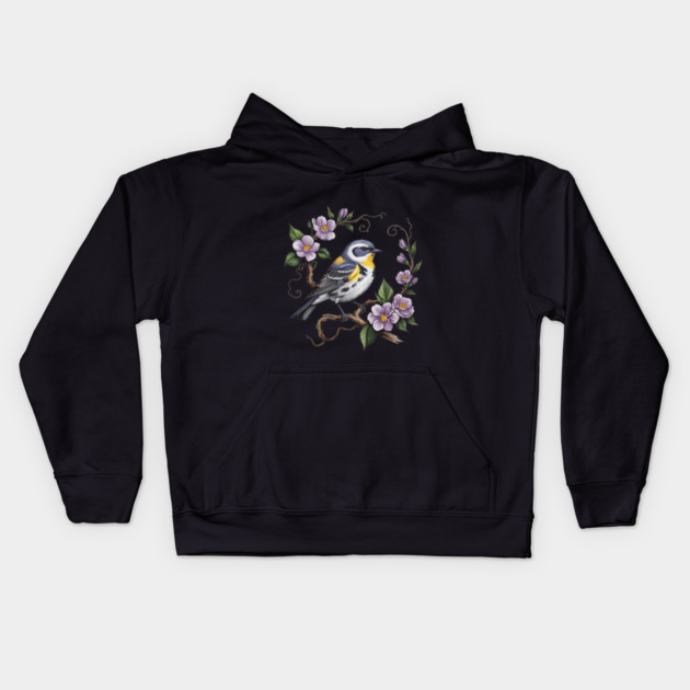 Yellow-Rumped Warbler Among Lilac Blossoms Kids Hoodie by BirdsnStuff
