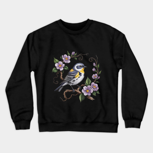 Yellow-Rumped Warbler Among Lilac Blossoms Crewneck Sweatshirt by BirdsnStuff