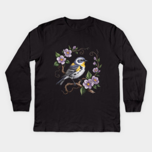 Yellow-Rumped Warbler Among Lilac Blossoms Kids Long Sleeve T-Shirt