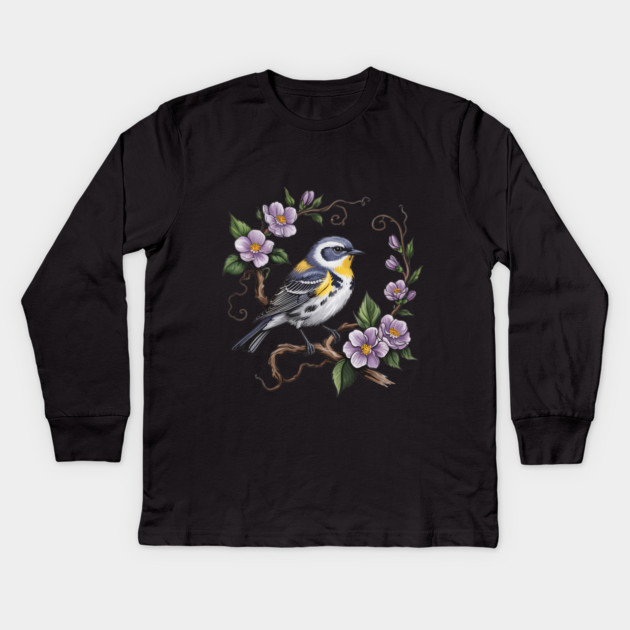 Yellow-Rumped Warbler Among Lilac Blossoms Kids Long Sleeve T-Shirt by BirdsnStuff
