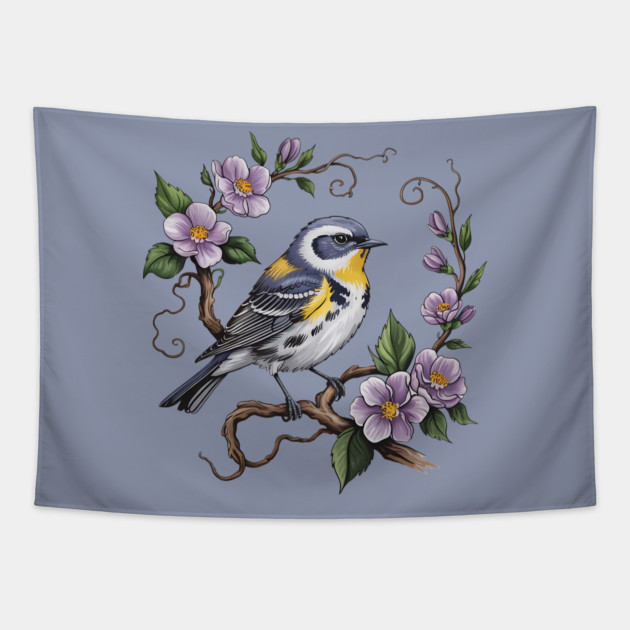 Yellow-Rumped Warbler Among Lilac Blossoms Tapestry by BirdsnStuff