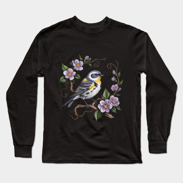 Yellow-Rumped Warbler Among Lilac Blossoms Long Sleeve T-Shirt by BirdsnStuff