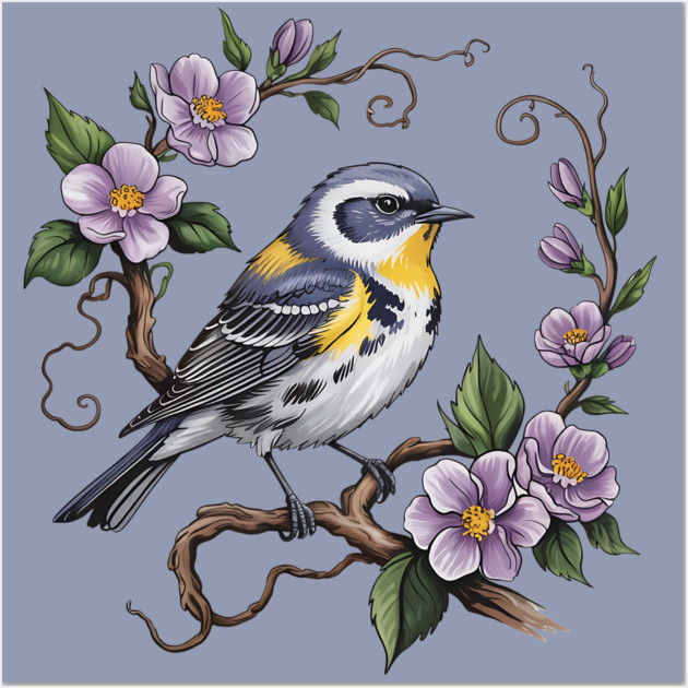 Yellow-Rumped Warbler Among Lilac Blossoms Wall Art by BirdsnStuff