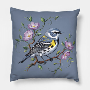 Yellow-Rumped Warbler Surrounded by Purple Wildflowers Pillow